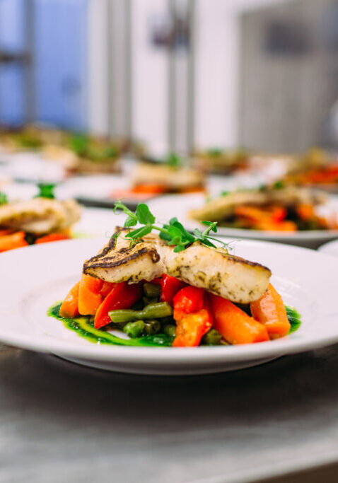 Meat dish with vegetables for catering. Lots of plates.